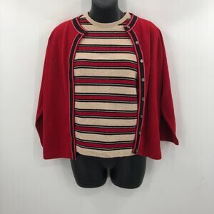 Talbott Women's 2 Pieces Cardigan Knitted Sweater 3/4 Sleeves Red Tan Size 38